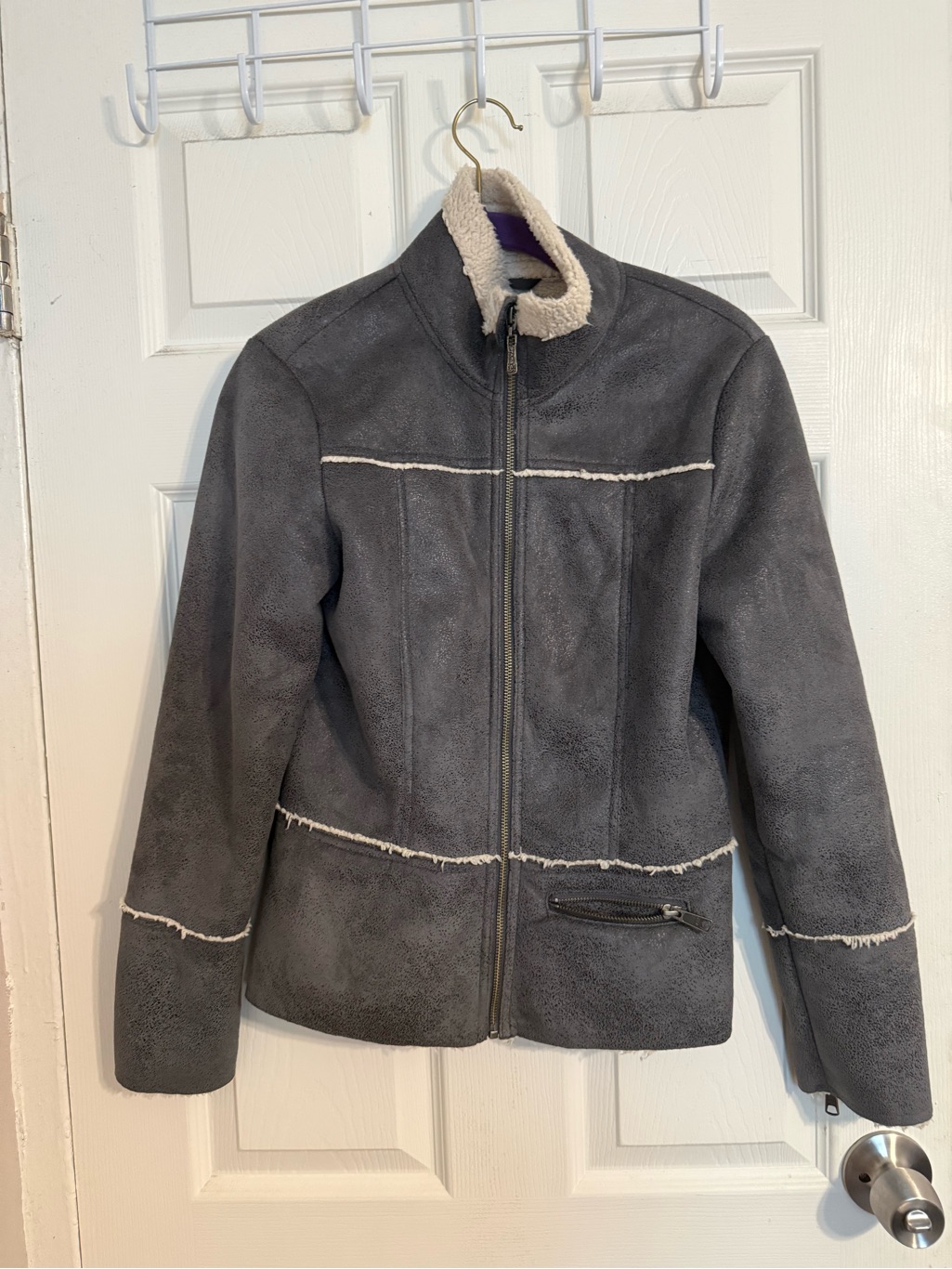 Prana Gray Faux Shearling Zip-Up Jacket With Cream Trim